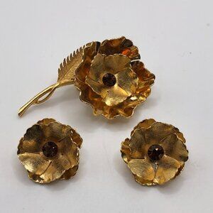 Vintage Flower Brooch Matching Earrings Gold Tone Amber Glass Center 2.5" Set‎